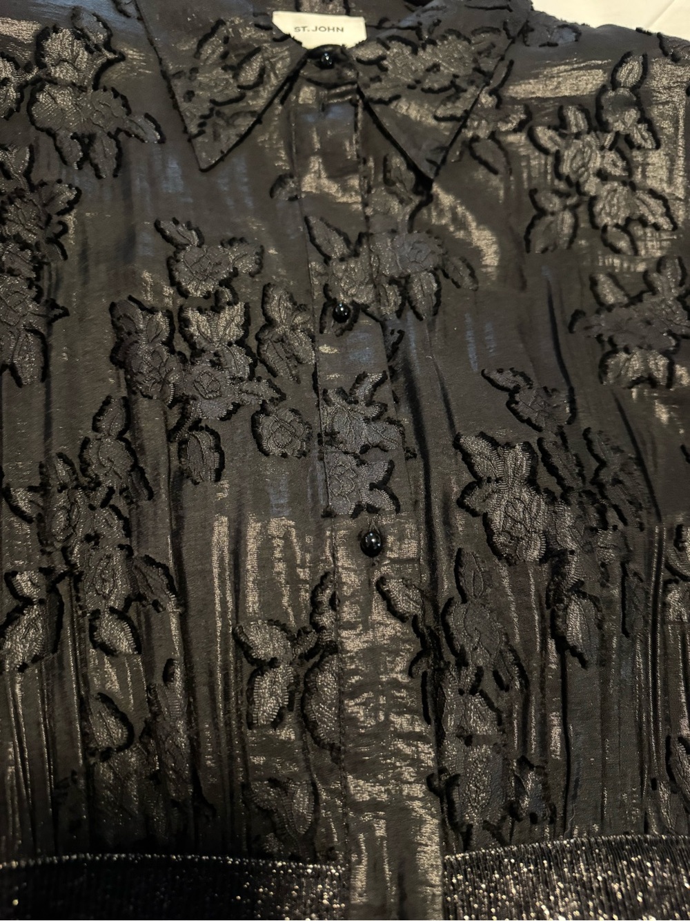 NWT St. John Black Textured Floral Button-Up Dress XL